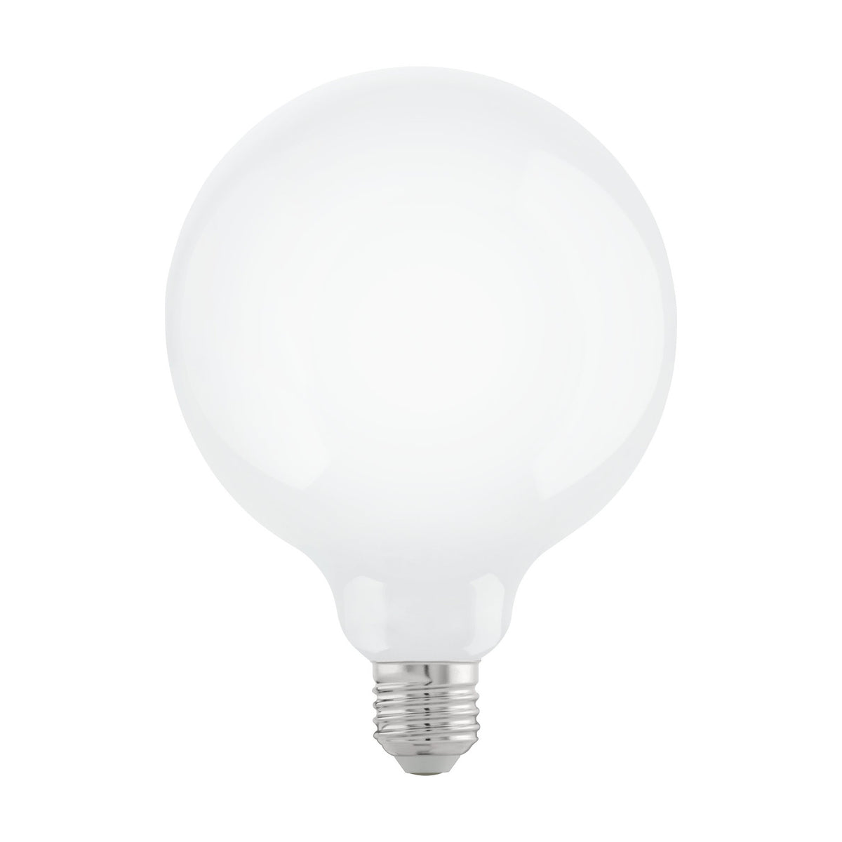 Opal glass LED globe bulb, G125 shape with E27 screw cap, shown on a plain white background, dimmable, 7.5W warm white.