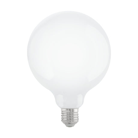 Opal glass LED globe bulb, G125 shape with E27 screw cap, shown on a plain white background, dimmable, 7.5W warm white.