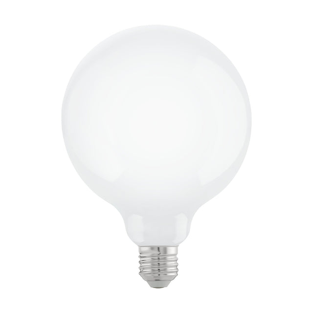 Opal glass LED globe bulb, G125 shape with E27 screw cap, shown on a plain white background, dimmable, 7.5W warm white.