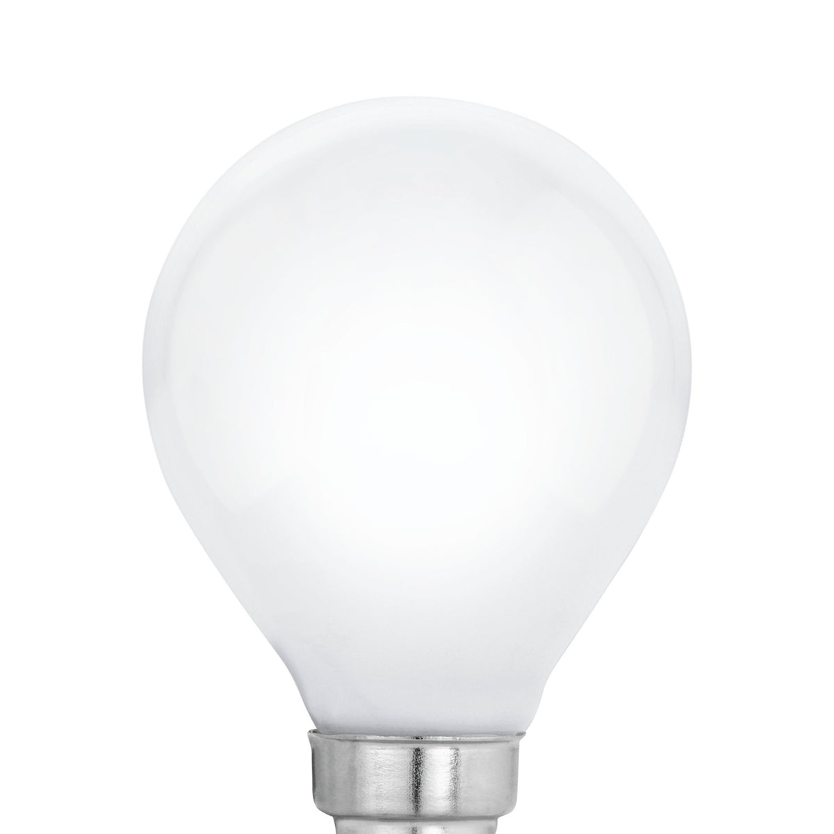 Opal glass golf ball LED bulb with E14 screw cap, rounded shape, dimmable, warm white 2700K, shown close-up on a plain white background.