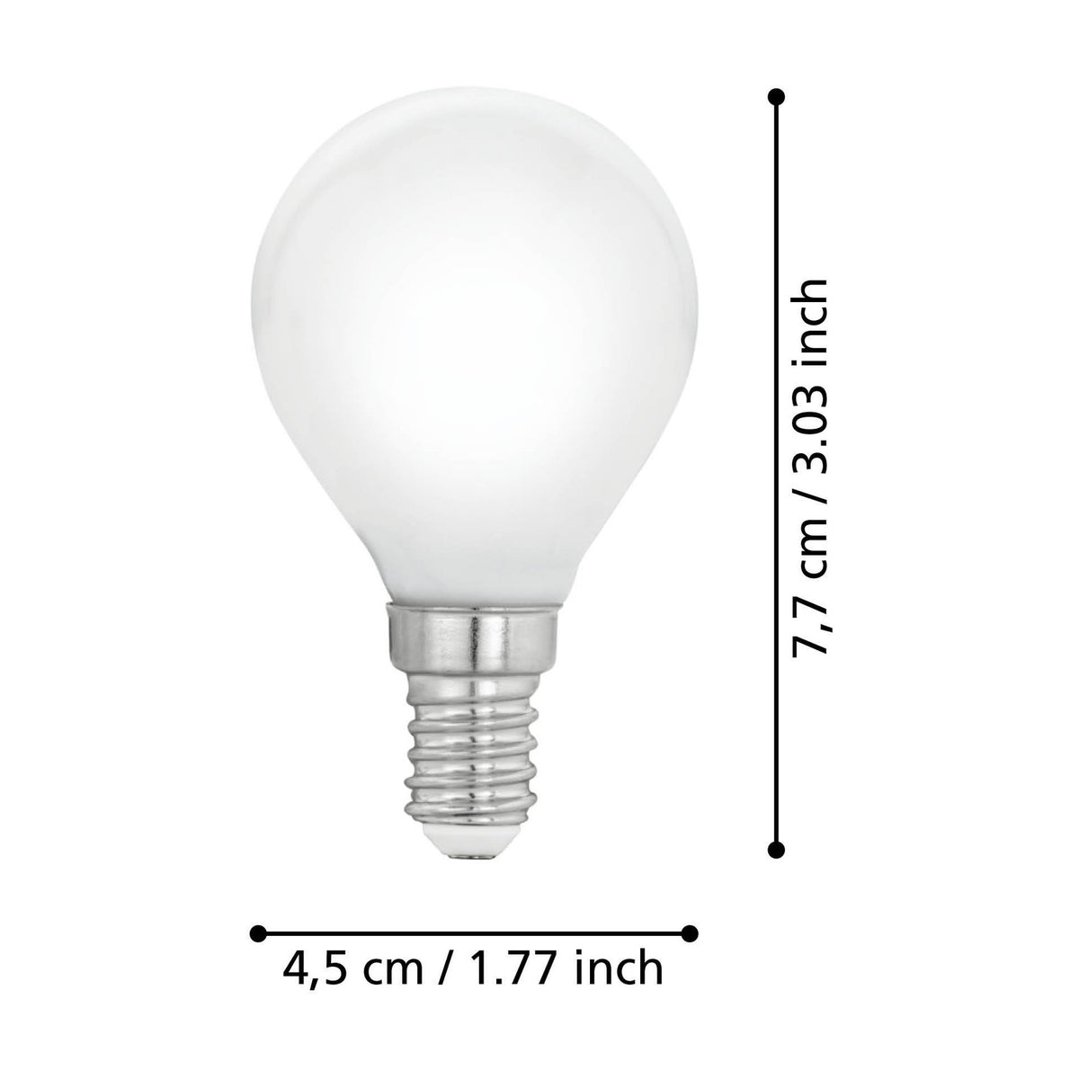 Opal glass golf ball LED bulb with E14 screw cap, shown with dimensions 7.7cm x 4.5cm on a white background.