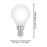 Opal glass golf ball LED bulb with E14 screw cap, shown with dimensions 7.7cm x 4.5cm on a white background.