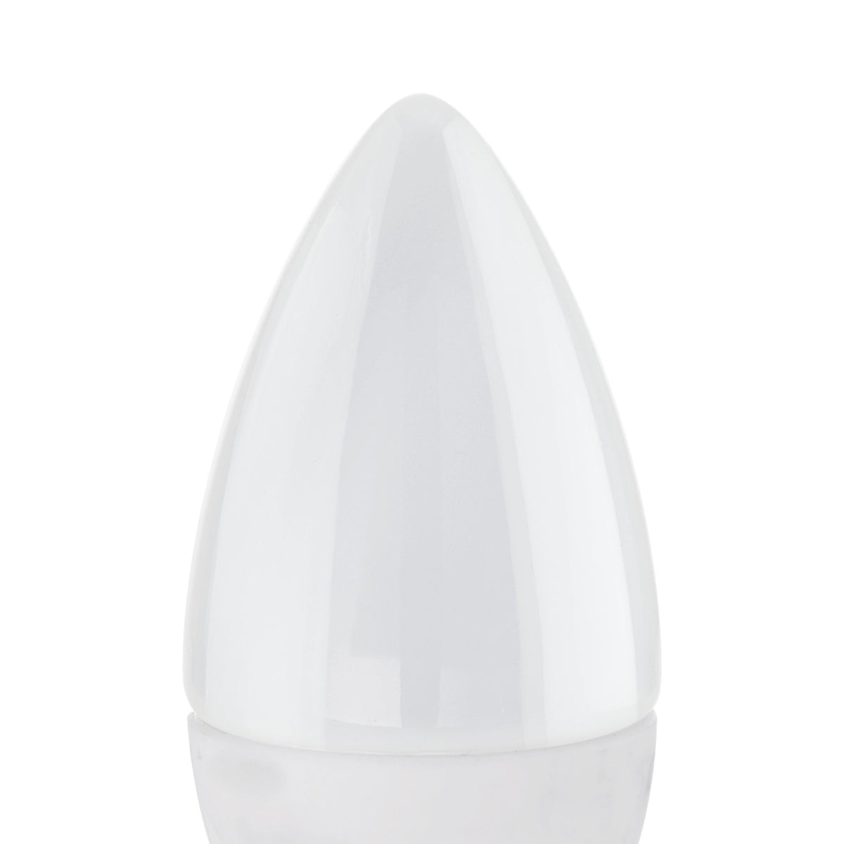 Candle-shaped LED bulb with opal white plastic shade and small E14 screw cap, shown close-up against a plain white background.