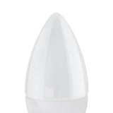 Candle-shaped LED bulb with opal white plastic shade and small E14 screw cap, shown close-up against a plain white background.