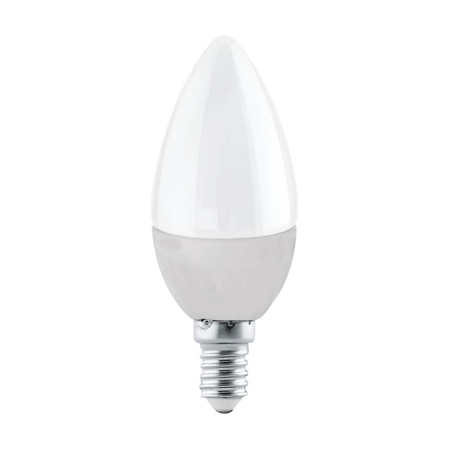 Candle-shaped LED bulb with opal white plastic shade and small E14 screw cap, 3.4W cool white, shown on a plain white background.