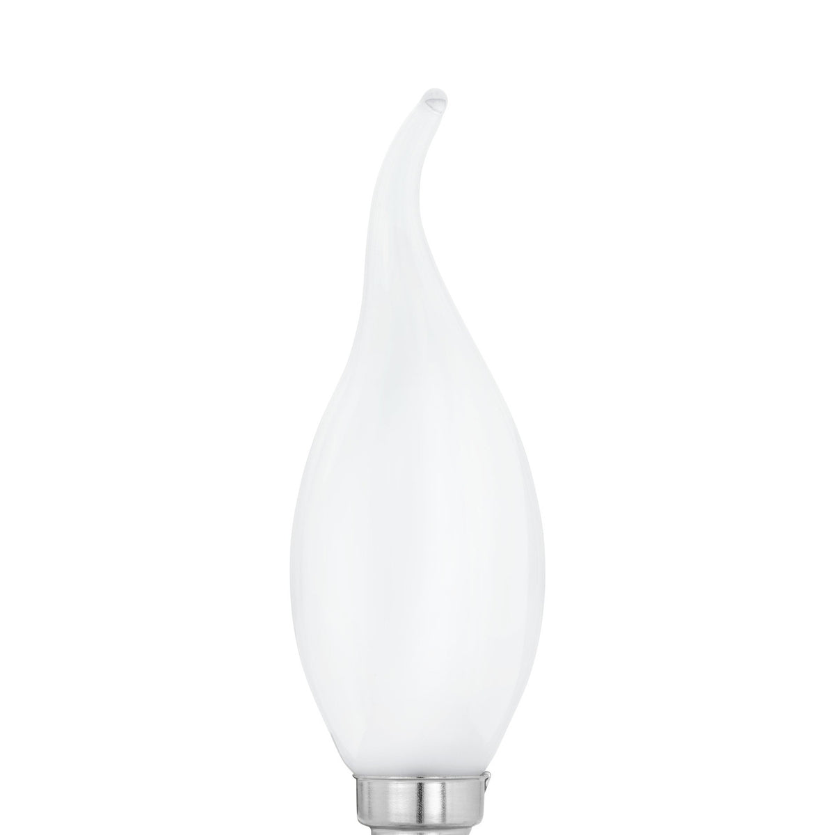Opal LED bulb with flame-tip candle shape and curled point, slim white glass body on an E14 screw cap, shown on a plain white background.