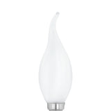 Opal LED bulb with flame-tip candle shape and curled point, slim white glass body on an E14 screw cap, shown on a plain white background.