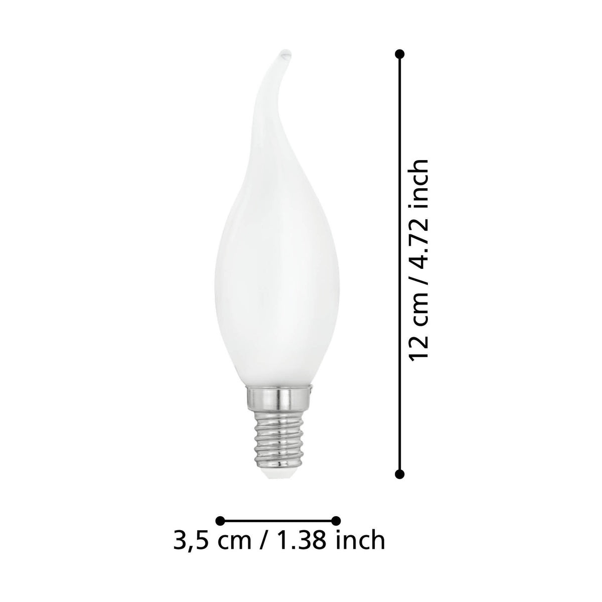 Opal LED candle bulb with flame-tip curled top, E14 screw cap, 4W warm white 2700K, shown with dimension labels 12cm height and 3.5cm width on a white background.
