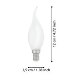 Opal LED candle bulb with flame-tip curled top, E14 screw cap, 4W warm white 2700K, shown with dimension labels 12cm height and 3.5cm width on a white background.