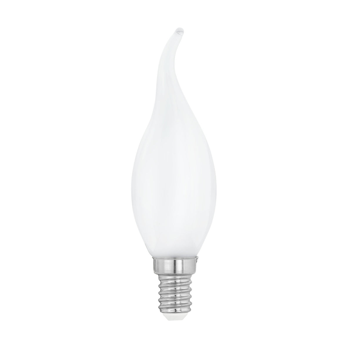 Opal LED bend-tip candle bulb with E14 screw cap, white glass finish, 4W warm white 470lm, shown on a plain white background.