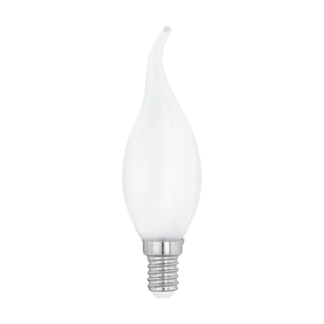 Opal LED bend-tip candle bulb with E14 screw cap, white glass finish, 4W warm white 470lm, shown on a plain white background.