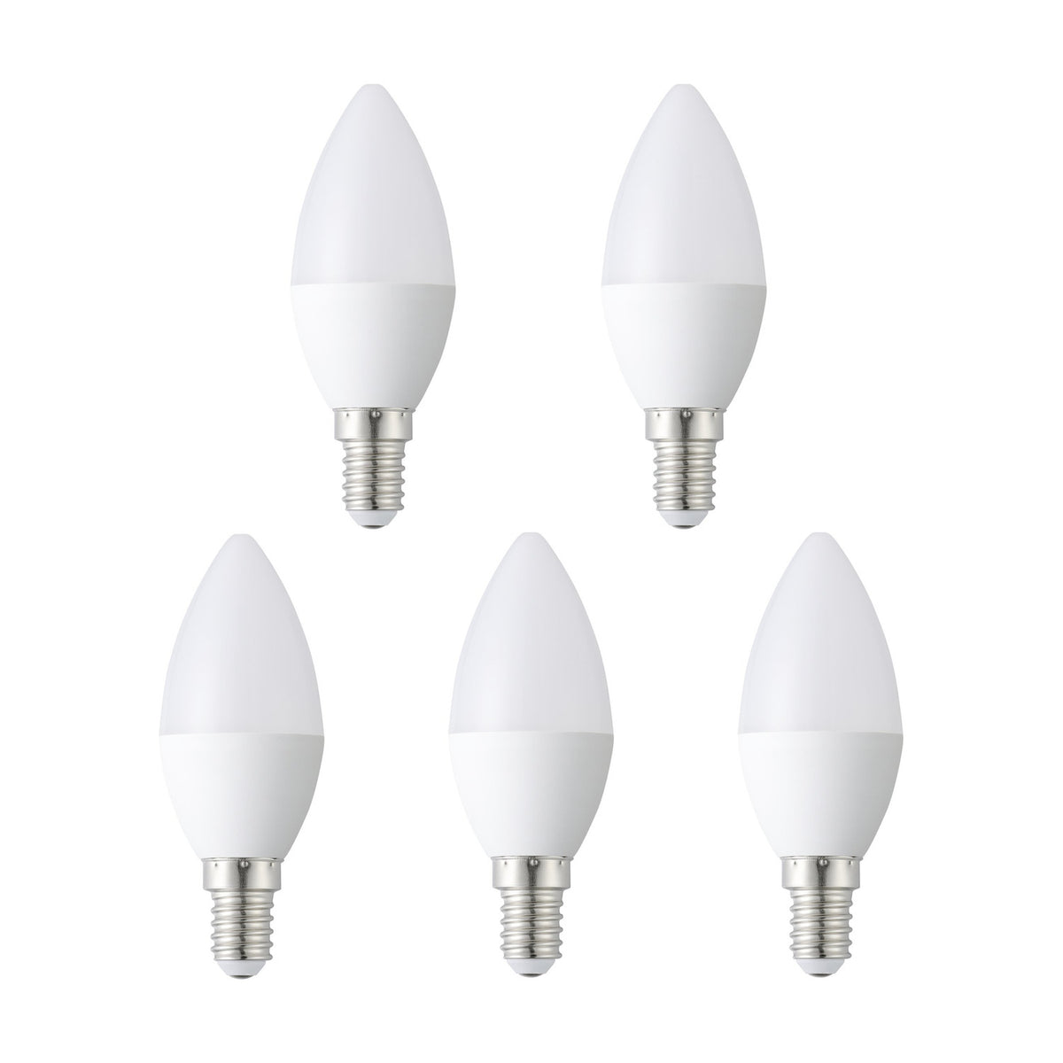 Pack of 5 opal LED candle bulbs with E14 screw caps, C35 shape, warm white light, shown on a plain white background.