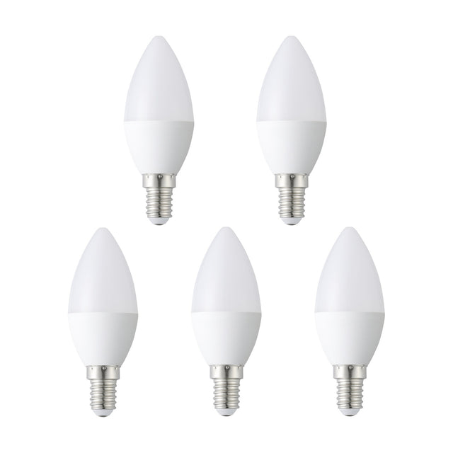 Pack of 5 opal LED candle bulbs with E14 screw caps, C35 shape, warm white light, shown on a plain white background.