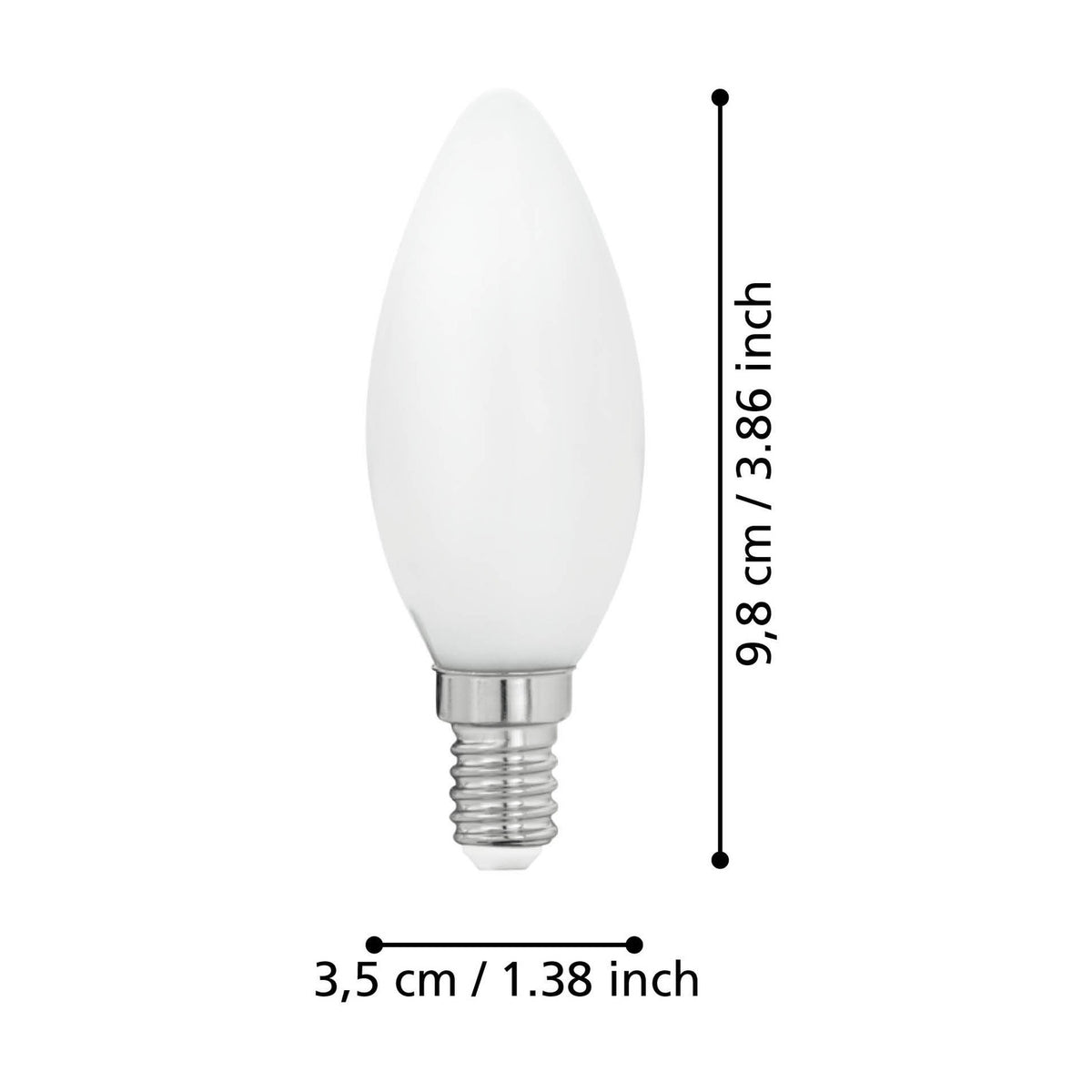 Opal LED candle bulb with E14 screw cap, shown on a white background with dimension labels: 9.8cm height and 3.5cm diameter.