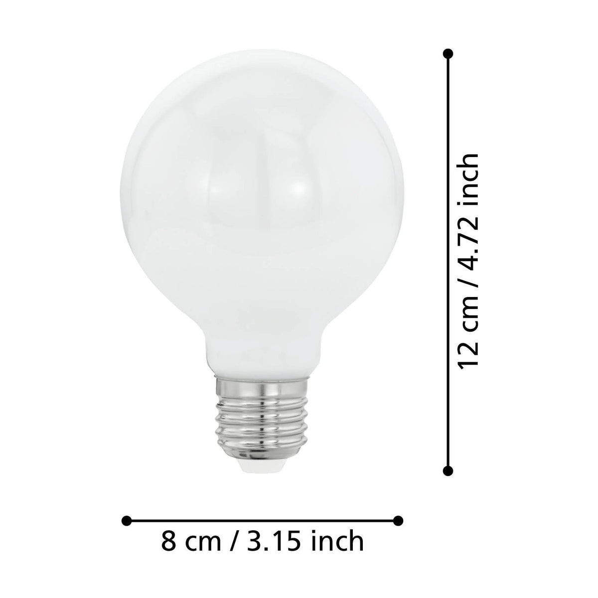 Opal LED globe bulb, G80 shape, E27 fitting with chrome cap, shown with size dimensions 12cm height and 8cm diameter on a white background.