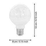 Opal LED globe bulb, G80 shape, E27 fitting with chrome cap, shown with size dimensions 12cm height and 8cm diameter on a white background.