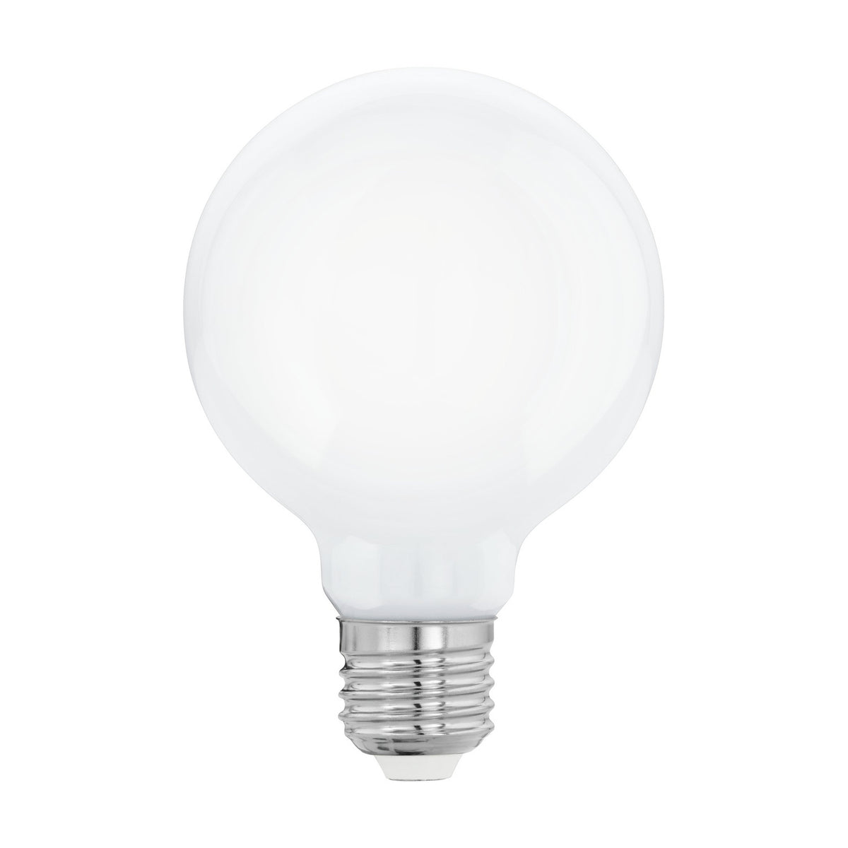 Opal LED globe bulb (G80) with E27 screw fitting, round milky white glass shade and chrome-coloured metal base, shown on a plain white background.