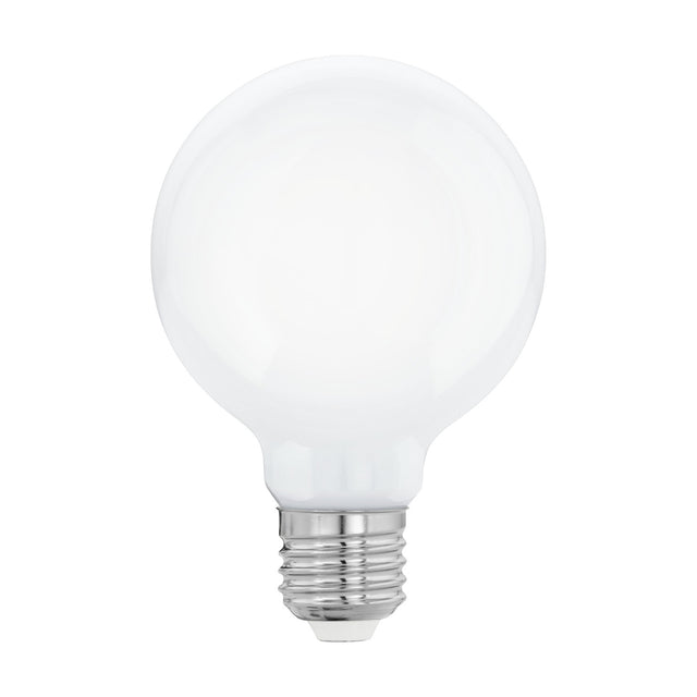 Opal LED globe bulb (G80) with E27 screw fitting, round milky white glass shade and chrome-coloured metal base, shown on a plain white background.