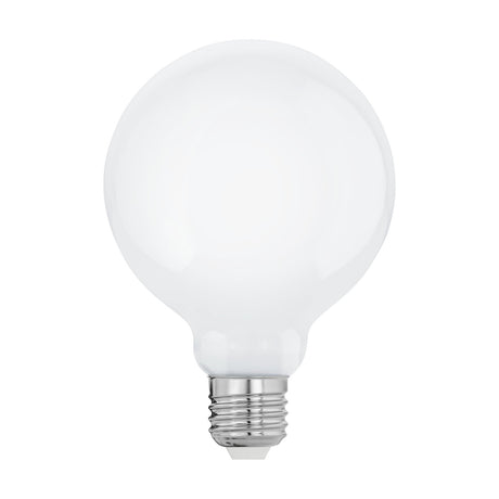 Opal LED globe bulb, G95 shape with milky white glass finish and chrome E27 screw cap, shown on a plain white background.