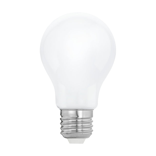 Opal LED GLS bulb with E27 screw cap, rounded milky white glass shell and silver metal fitting, shown on a plain white background.