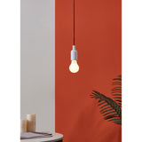 Opal LED GLS Bulb E27 A60 4W warm white, lit in a white pendant fitting against a terracotta wall in a room setting with a side table and plant.