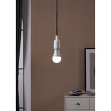 Opal LED GLS bulb, E27 screw cap, A60 shape, lit warm-white in a white pendant fitting against a brown wall in a living room setting.