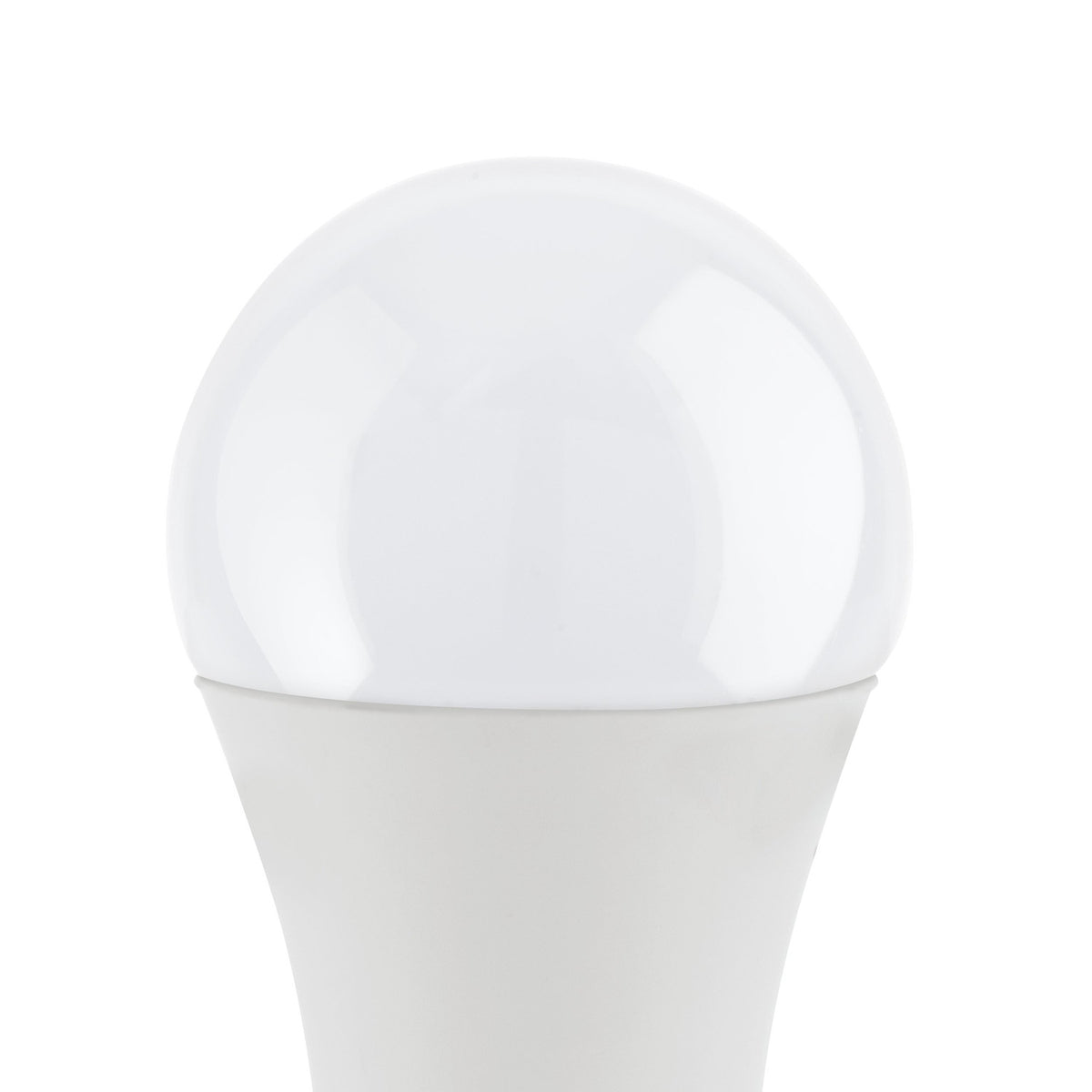 Close-up of an opal LED GLS bulb with E27 screw cap, classic rounded shape, white plastic finish, 7.8W warm white, on a plain white background.