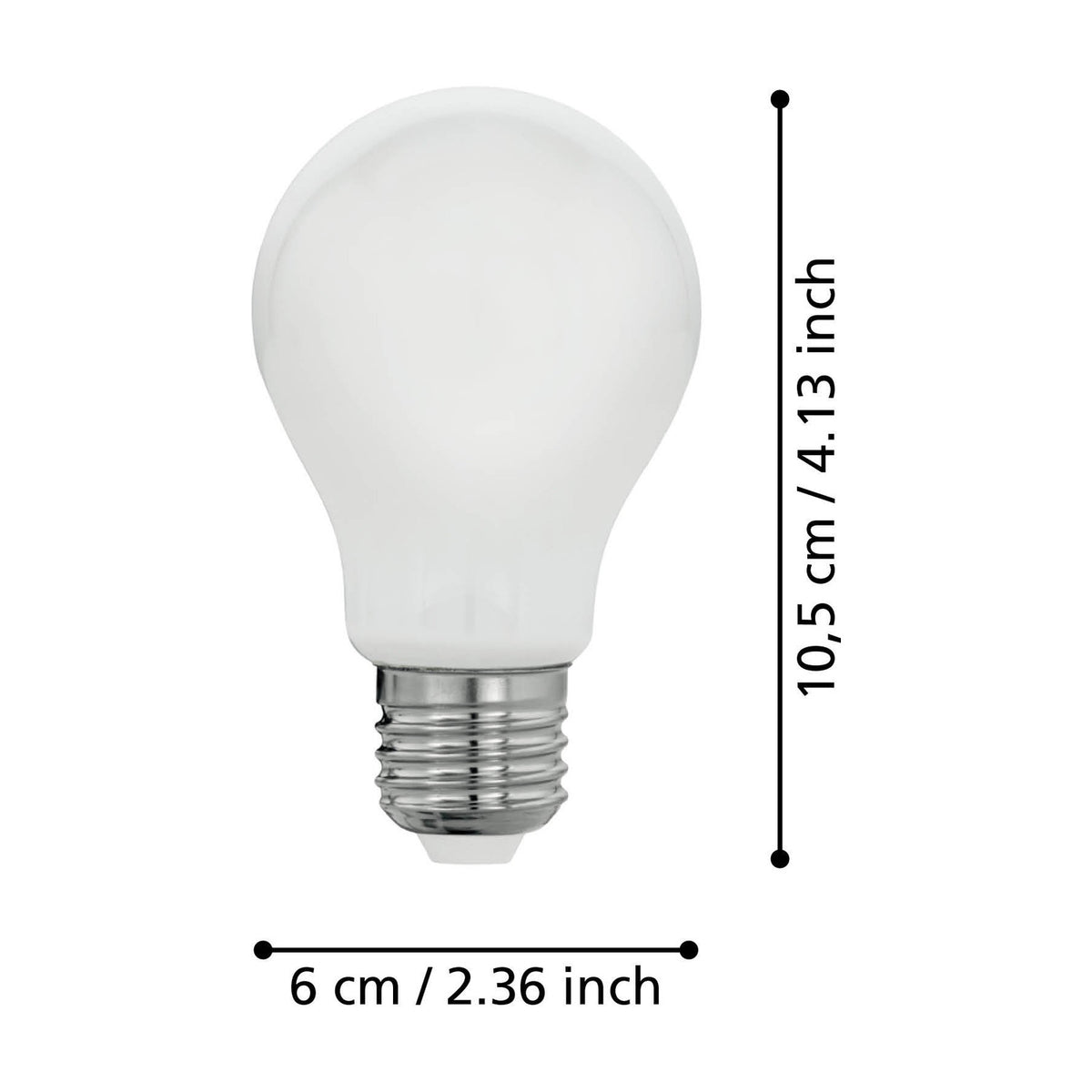 Opal LED GLS bulb with E27 screw cap and chrome base, shown with dimension labels of 10.5cm height and 6cm diameter on a white background.
