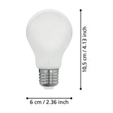 Opal LED GLS bulb with E27 screw cap and chrome base, shown with dimension labels of 10.5cm height and 6cm diameter on a white background.