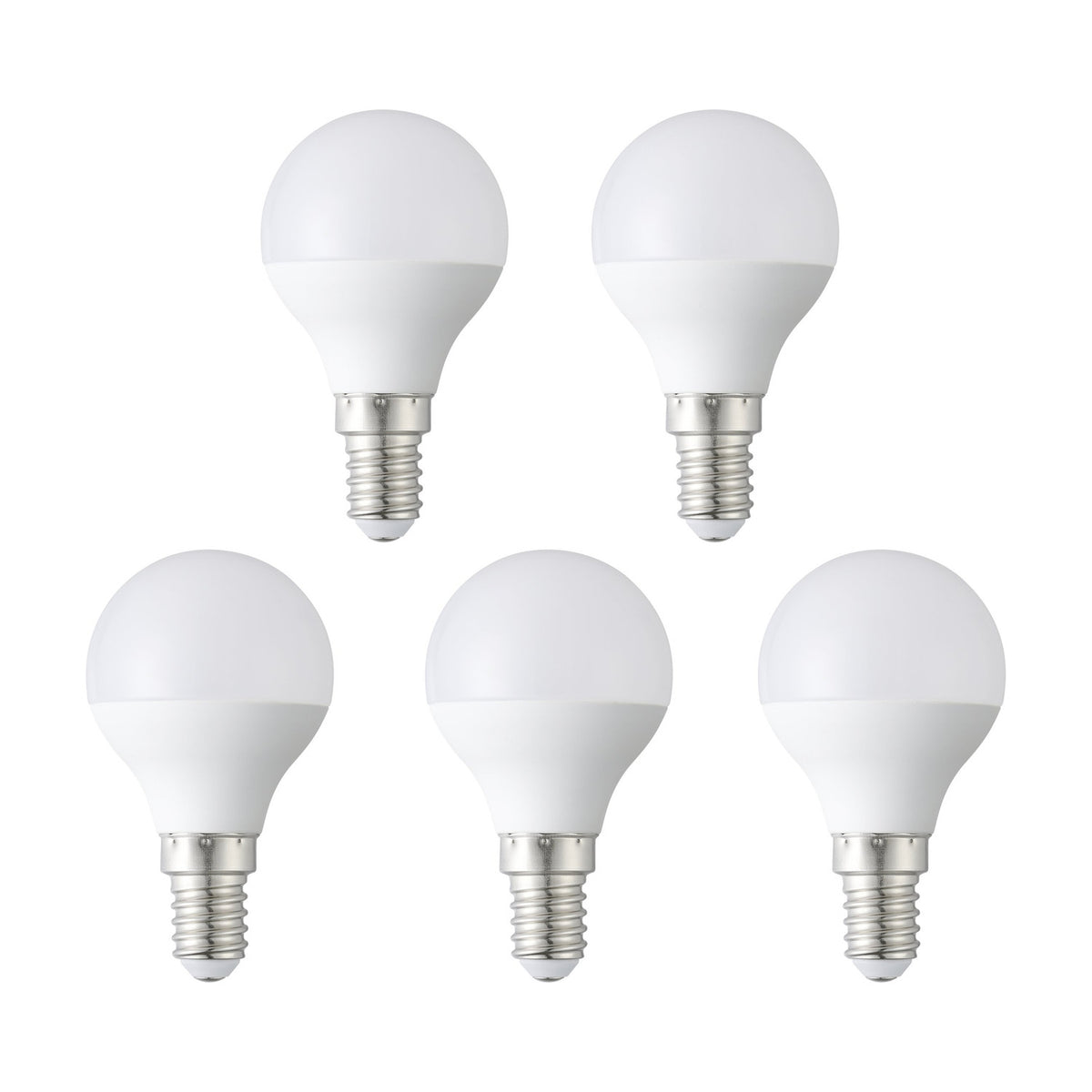 Pack of 5 Opal LED Golf Ball Bulbs with E14 screw cap, small round opal glass shades, warm white 470lm, shown on a plain white background.