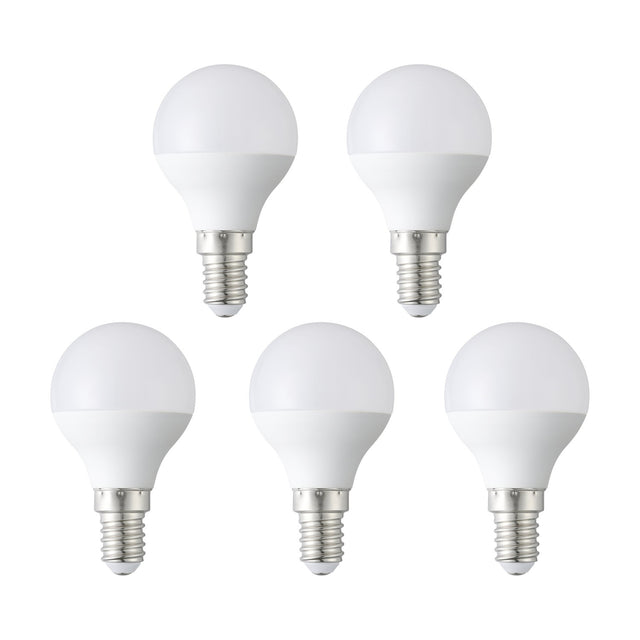 Pack of 5 Opal LED Golf Ball Bulbs with E14 screw cap, small round opal glass shades, warm white 470lm, shown on a plain white background.
