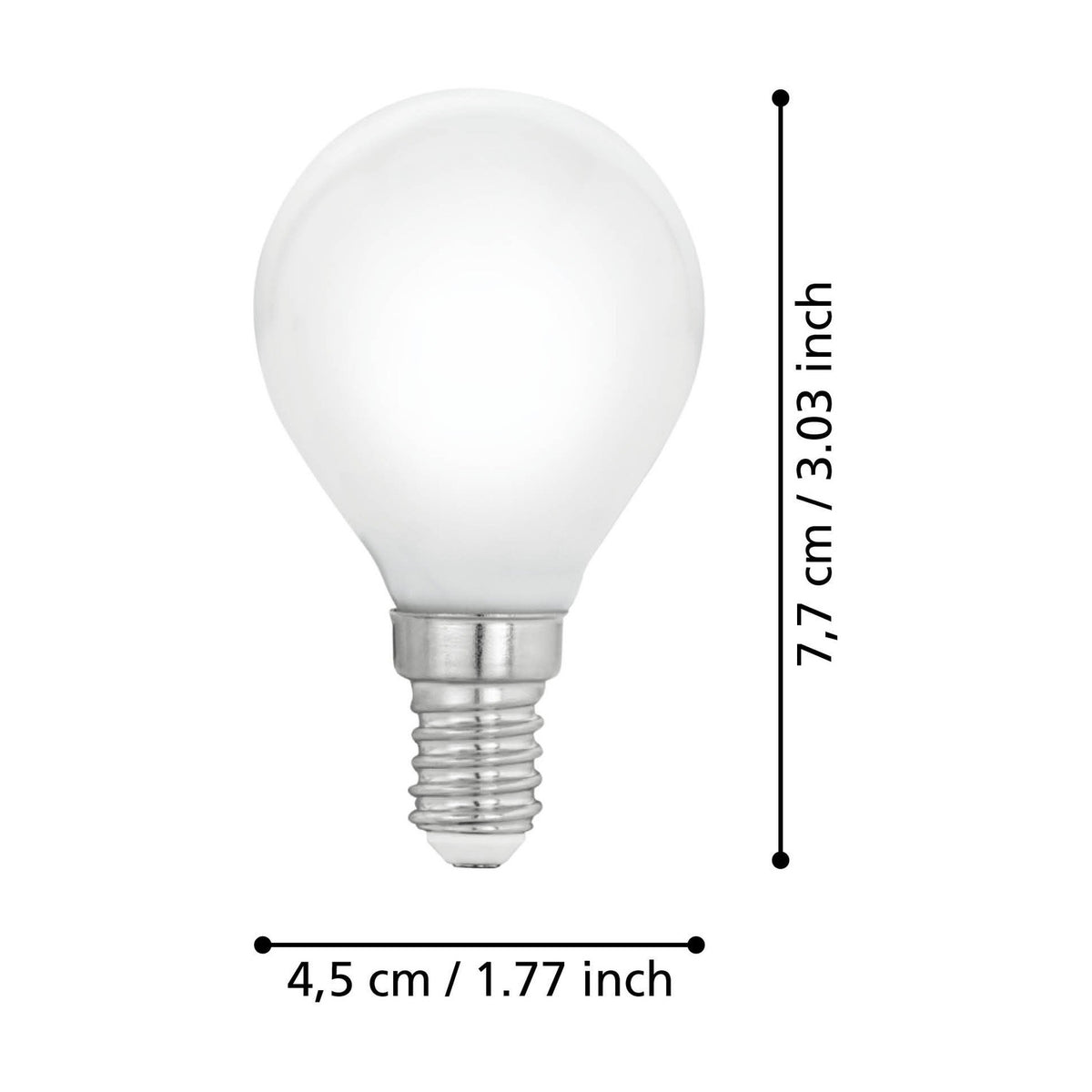 Opal LED golf ball bulb with E14 screw cap, shown with dimensions labelled 7.7cm height and 4.5cm width on a plain white background.