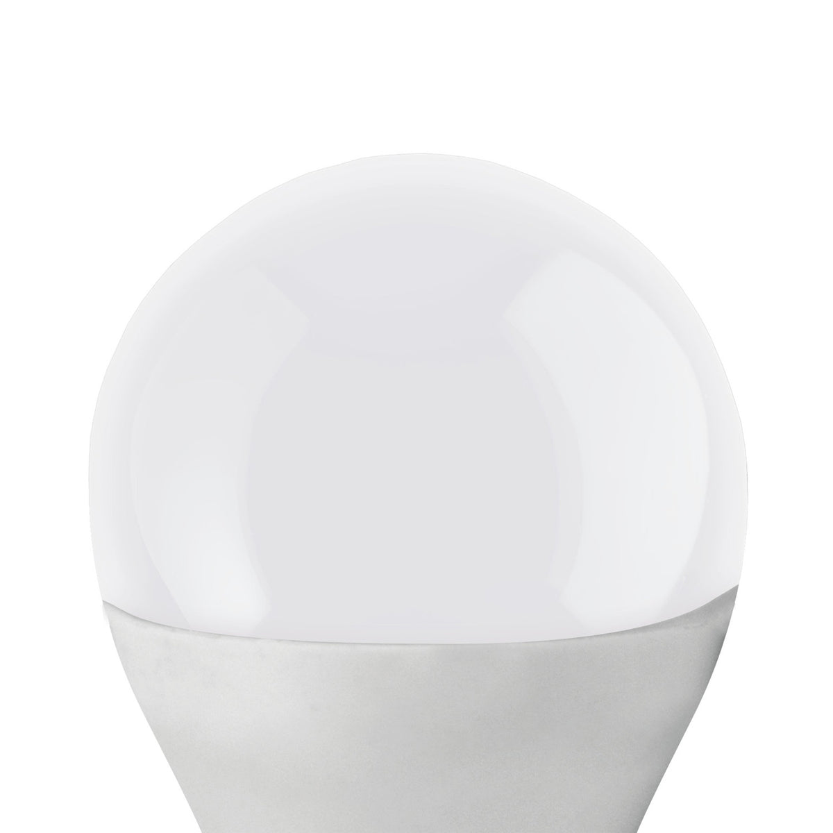 Close-up of an opal LED golf ball bulb, G45 shape with E27 screw cap, white rounded plastic shade on a silver base, shown on a plain white background.