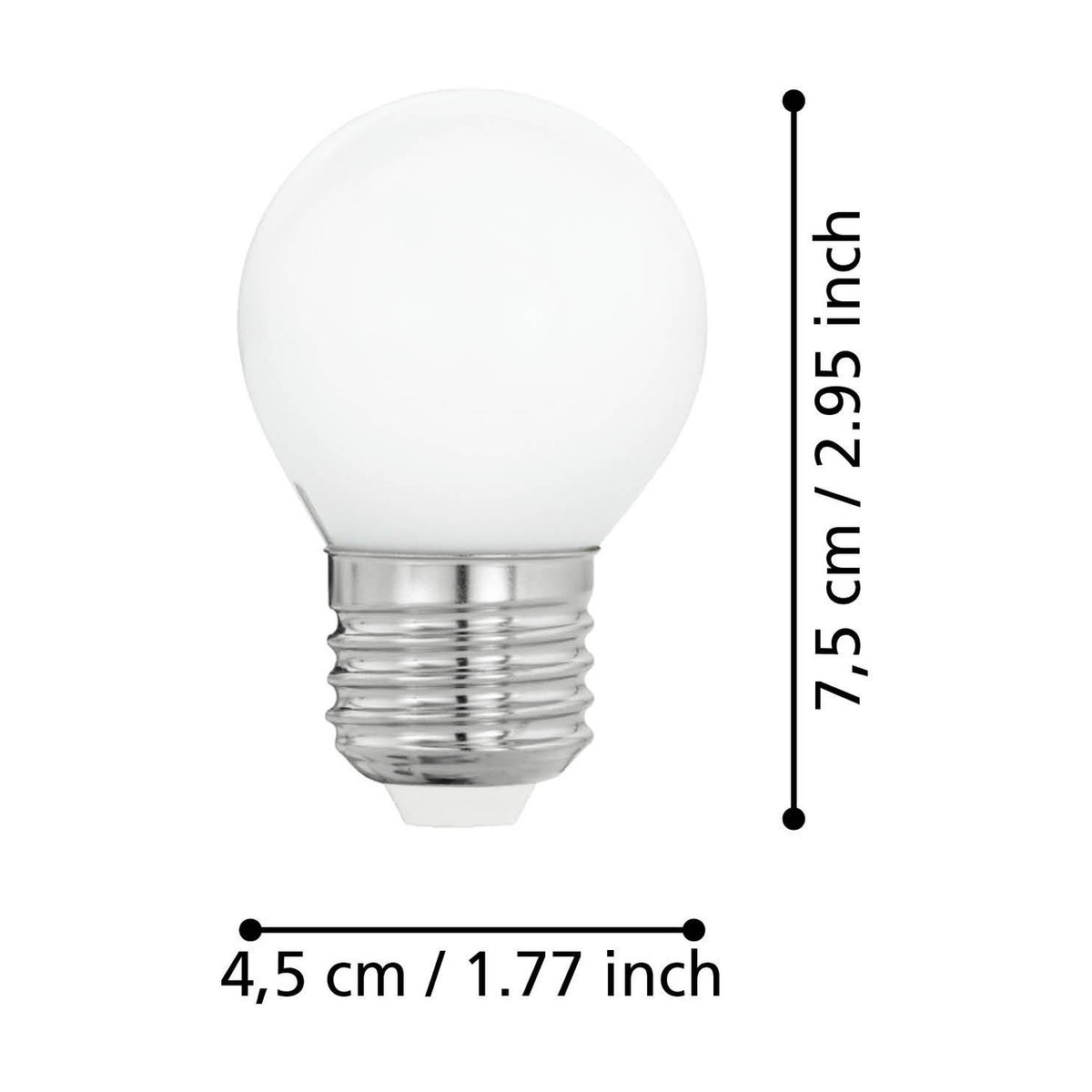 Opal LED golf ball bulb with E27 screw cap, white glass globe, shown with dimensions labelled 7.5cm height and 4.5cm width on a plain white background.