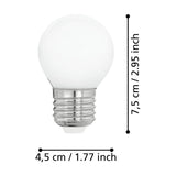Opal LED golf ball bulb with E27 screw cap, white glass globe, shown with dimensions labelled 7.5cm height and 4.5cm width on a plain white background.