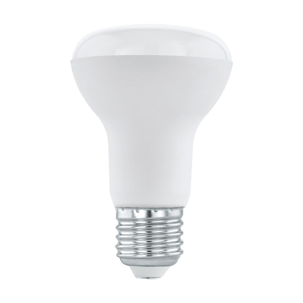 Opal LED reflector bulb with E27 screw cap, R63 shape, white plastic body and silver base, shown on a plain white background.