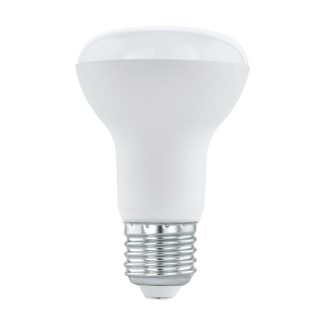 Opal LED reflector bulb with E27 screw cap, R63 shape, white plastic body and silver base, shown on a plain white background.