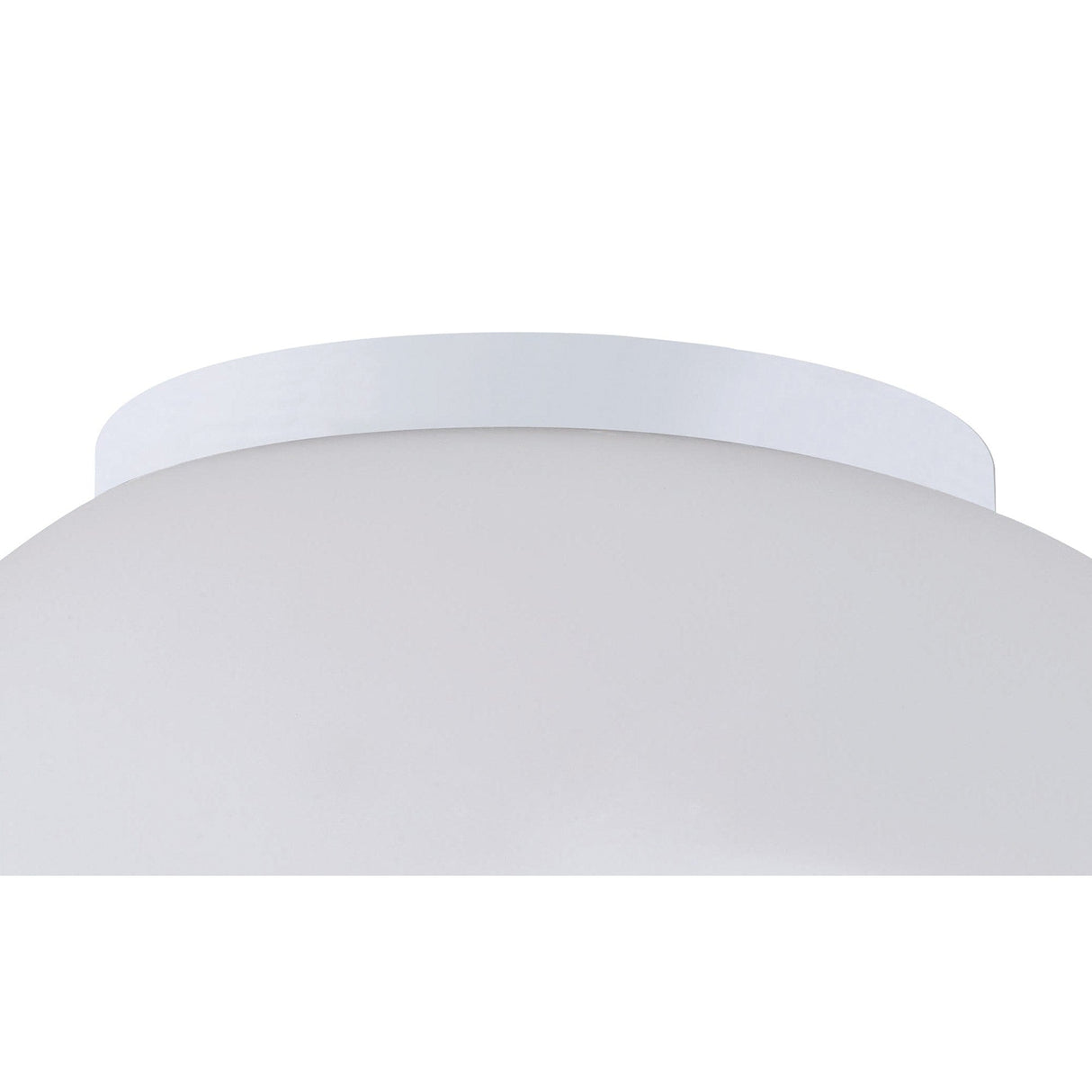 Close-up of the Mantra Opal flush ceiling light showing the frosted white glass dome and polished chrome mount against a plain background.