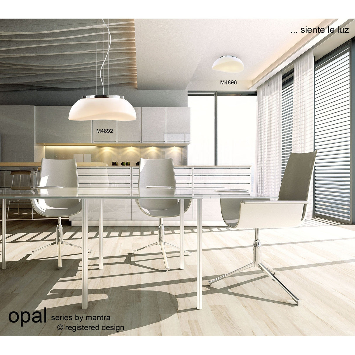 Mantra Opal frosted glass flush ceiling light and pendant shown in a modern dining room with glass table, white chairs and chrome accents.