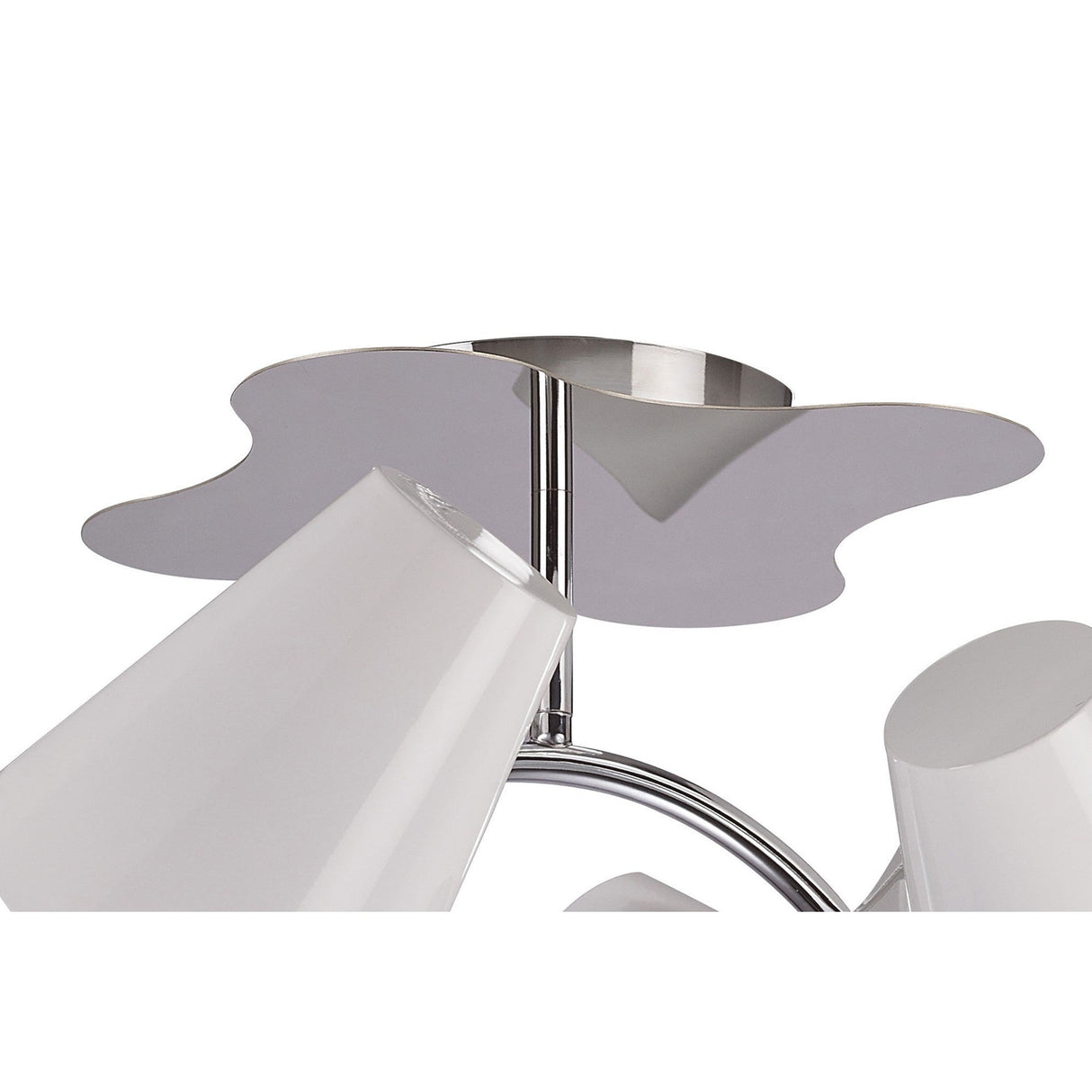 Close-up of the Mantra Ora 4 light semi-flush ceiling light showing gloss white curved shades around a polished chrome hub on a white background.