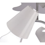 Close-up of Mantra Ora semi-flush ceiling light showing a gloss white curved shade with opal diffuser on a polished chrome arm.