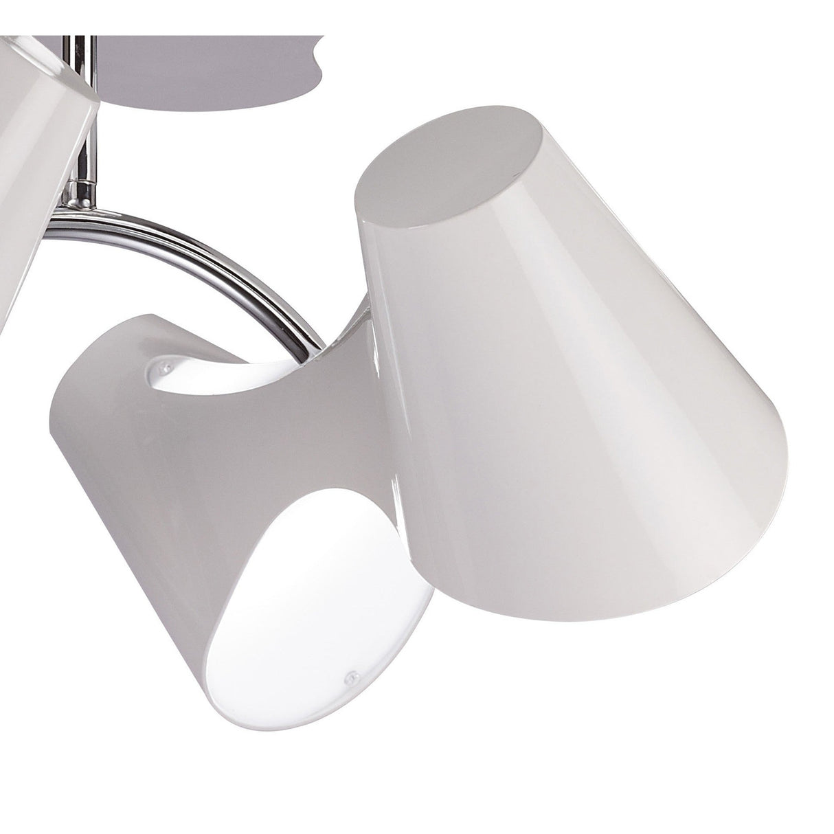 Close-up of Mantra Ora semi-flush ceiling light showing two gloss white curved shades with opal diffusers on a polished chrome arm.
