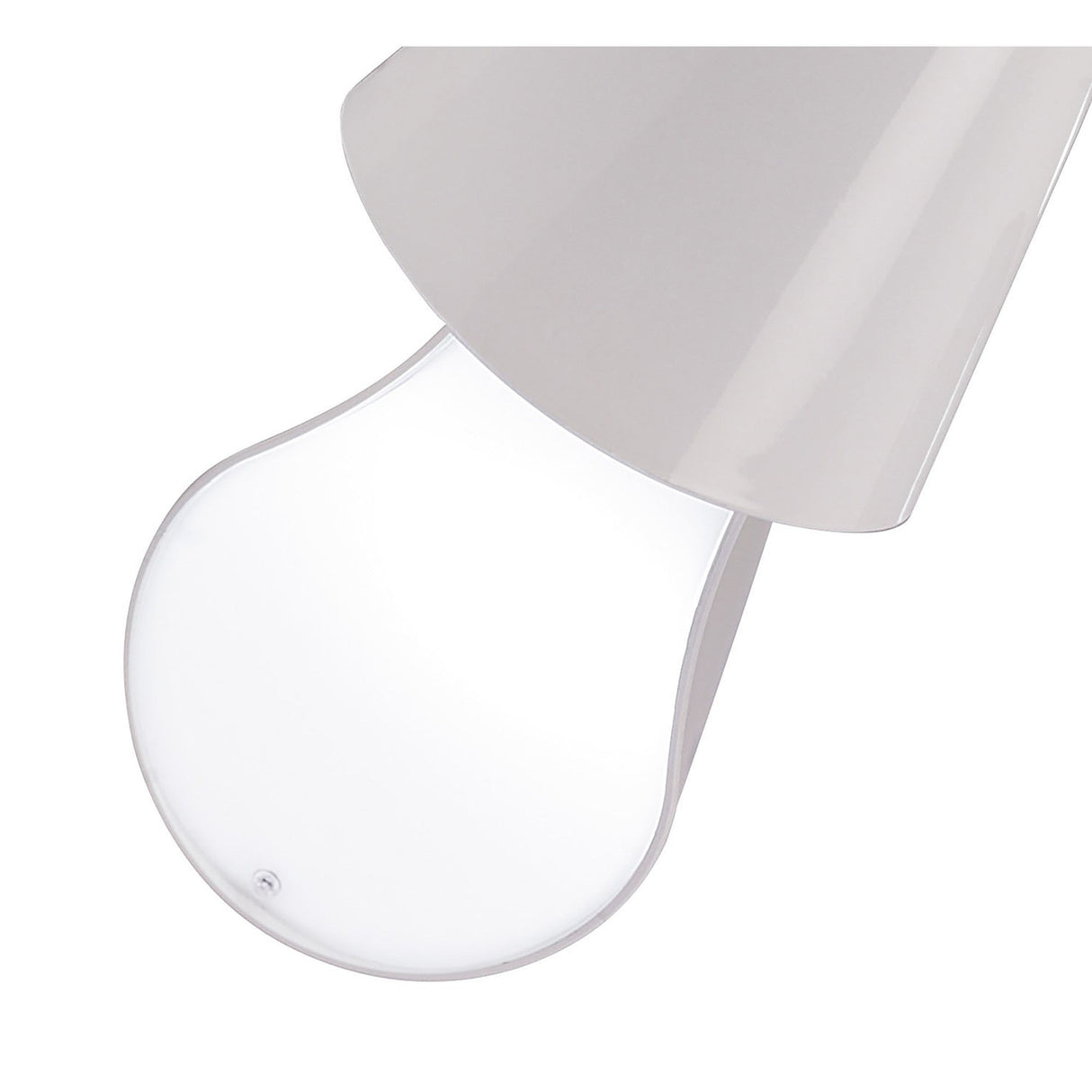 Close-up of the Mantra Ora semi-flush ceiling light showing a gloss white curved shade and opal diffuser detail.