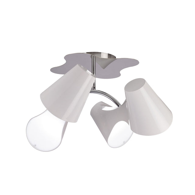 Mantra Ora 4 light semi-flush ceiling light with gloss white curved shades and polished chrome hub, shown on a plain white background.