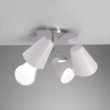 Mantra Ora 4 light semi-flush ceiling light with gloss white curved shades and polished chrome hub, mounted to a light grey ceiling.