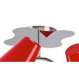 Close-up of Mantra Ora semi-flush ceiling light showing gloss red ABS shades and a scalloped polished chrome base plate against a white background.