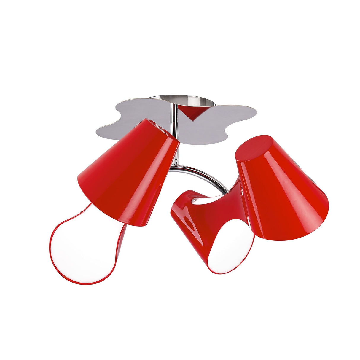 Mantra Ora 4 light semi-flush ceiling light with sculptural gloss red ABS shades and polished chrome stem and base plate on a white background.