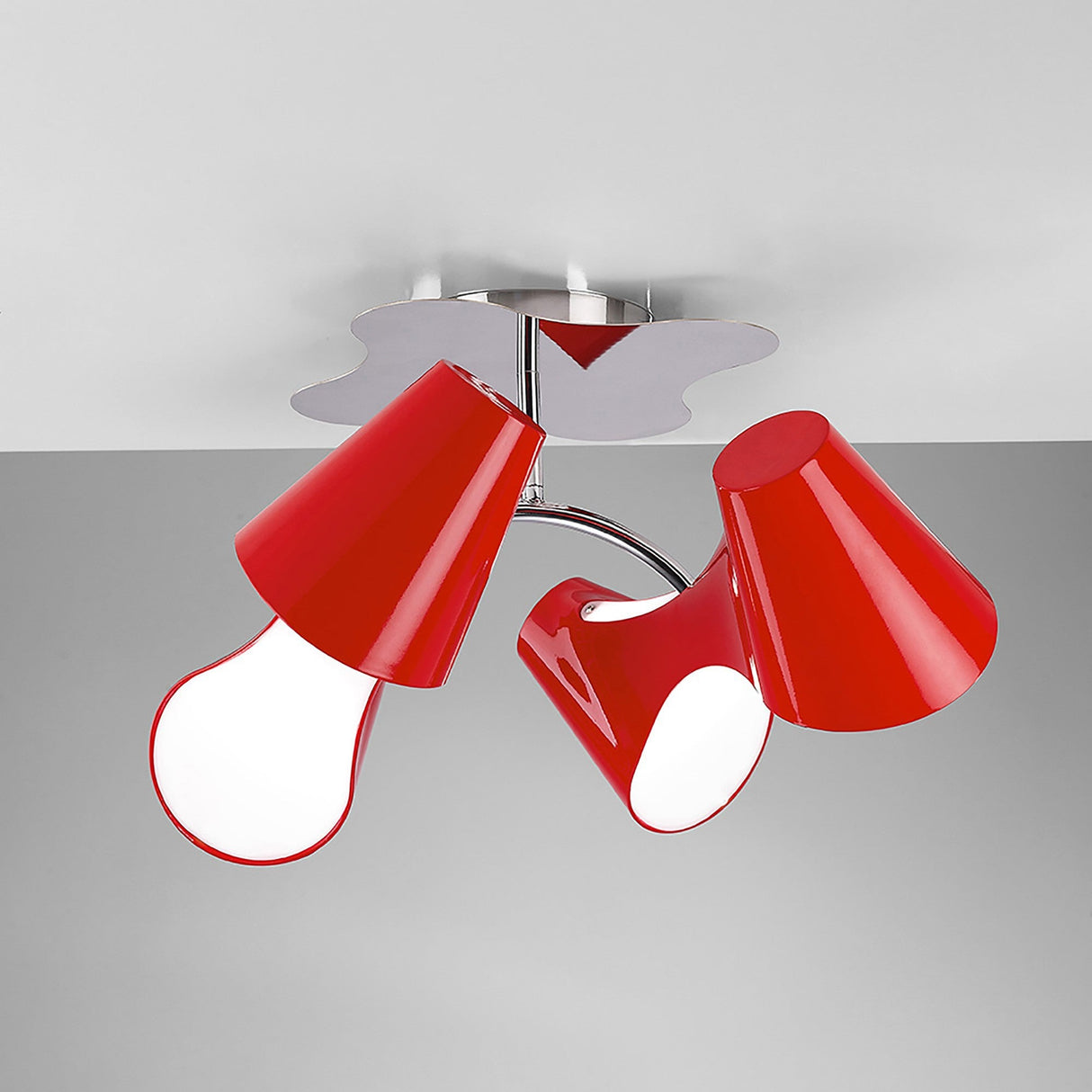 Mantra Ora 4 light semi-flush ceiling light with gloss red ABS shades and opal diffusers on a polished chrome base, shown against a light grey background.