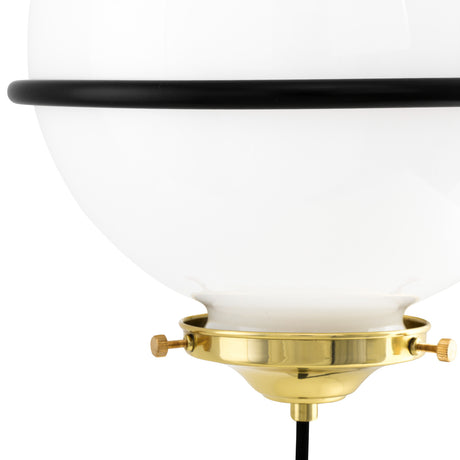 Oranmore Glass Globe Wall Light - 25cm, close-up of the opal glass globe in a matt black ring, seated on a polished brass gallery with knurled screws, against a plain white background.