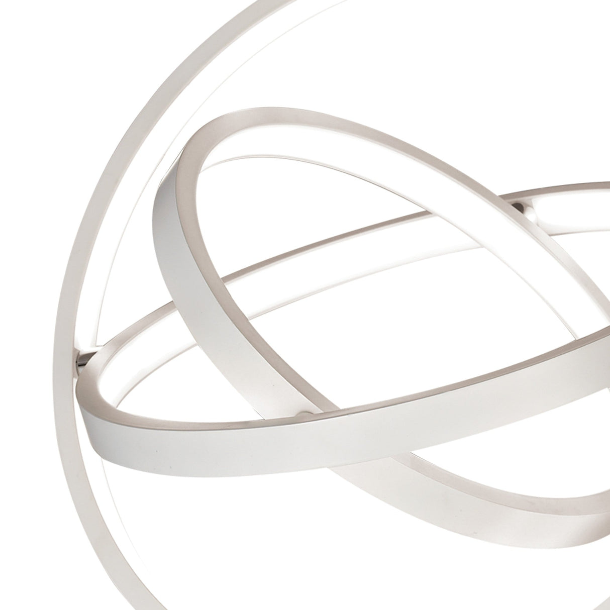 Close-up of the Mantra Orbital LED semi-flush ceiling light showing three interlocking matt white aluminium rings with diffused acrylic linings.